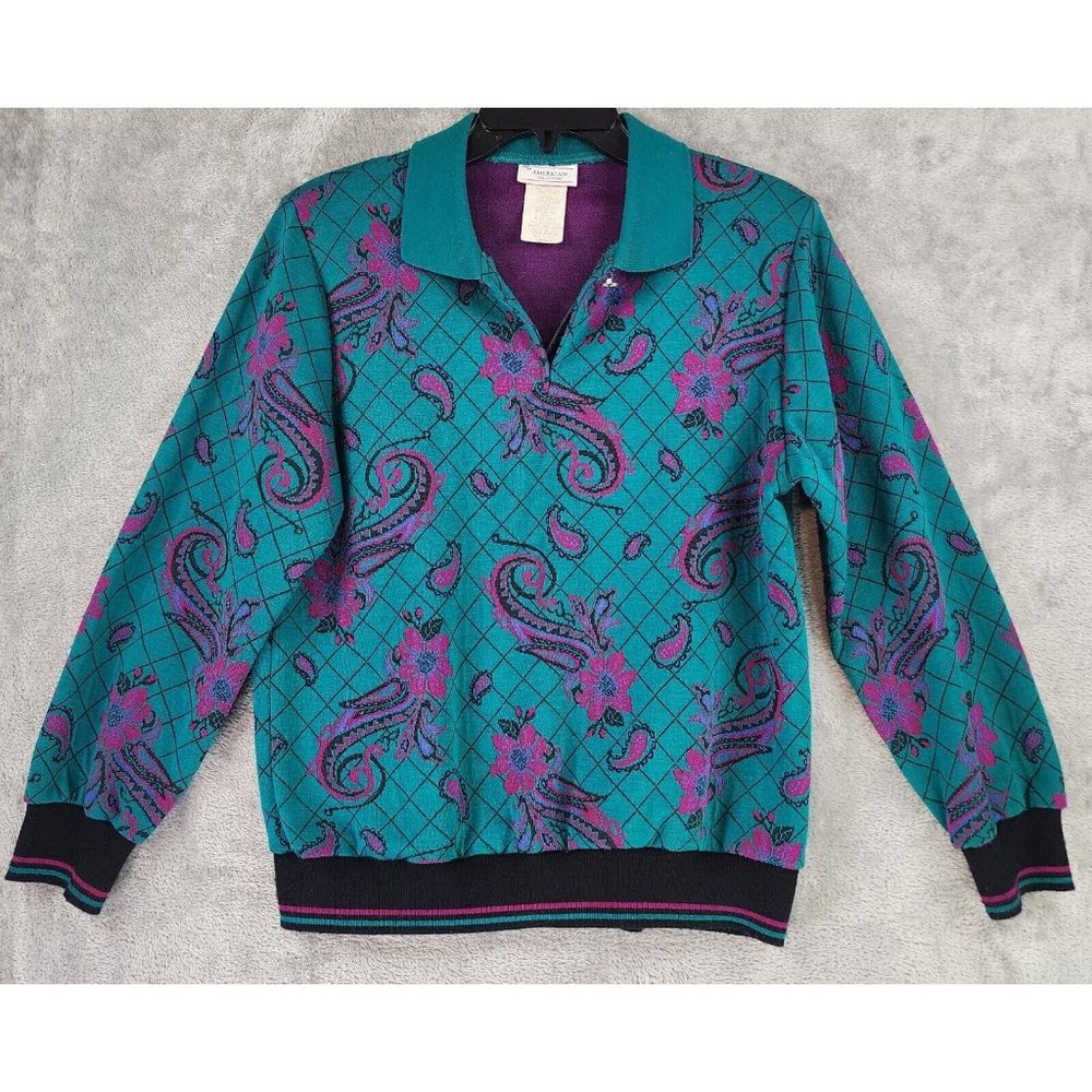 American Collection Sweater Womens Large Floral Paisley Knit 80s Vintage USA
